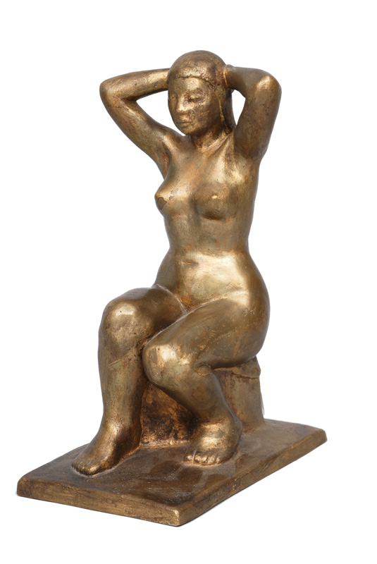Bronze-Figur 'Sitzender weiblicher Akt- sich frisierend'