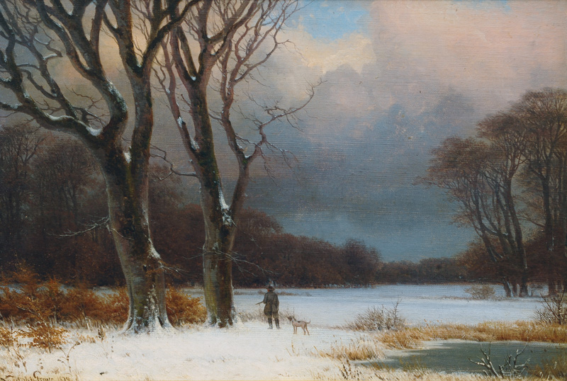 Hunter with Dog in the Winter Forest