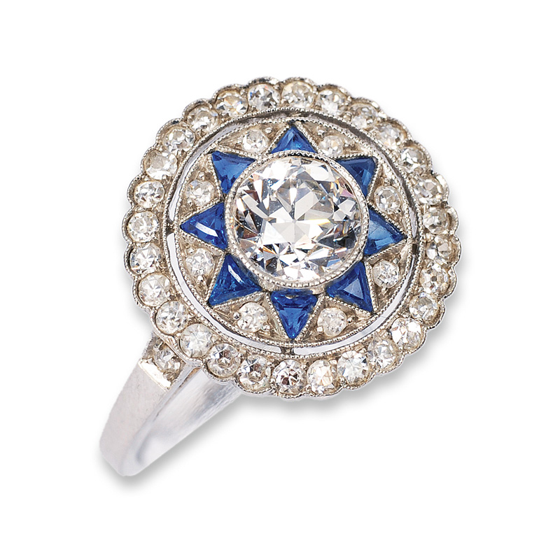 An Art-déco diamond ring with small sapphires