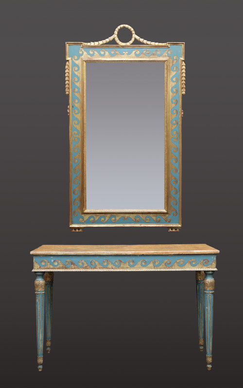 A painted console table with large mirror