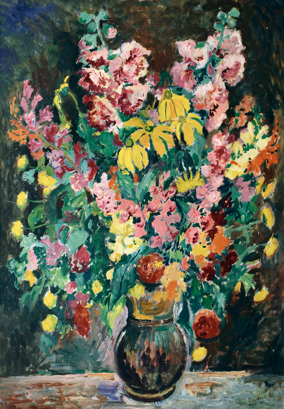 Floral Still Life with Hollyhocks and Coneflower