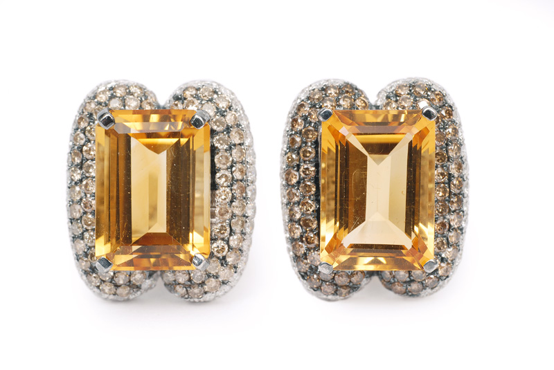 A pair of fine citrine diamond earstuds