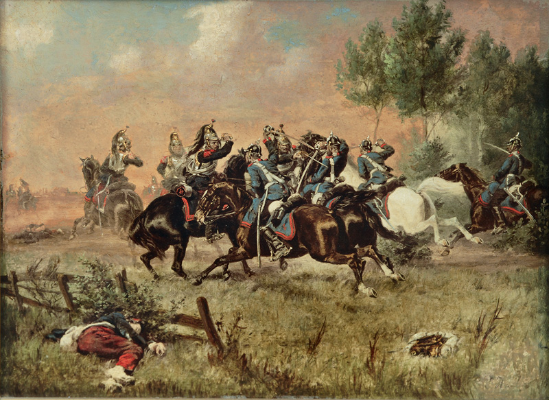 Paar Gemälde - Preußische Dragoner im Kampf mit französische Kürassieren