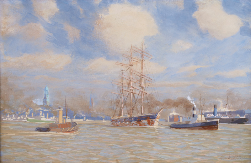 Pair of Gouaches: Fishing Cutter and Port of Hamburg