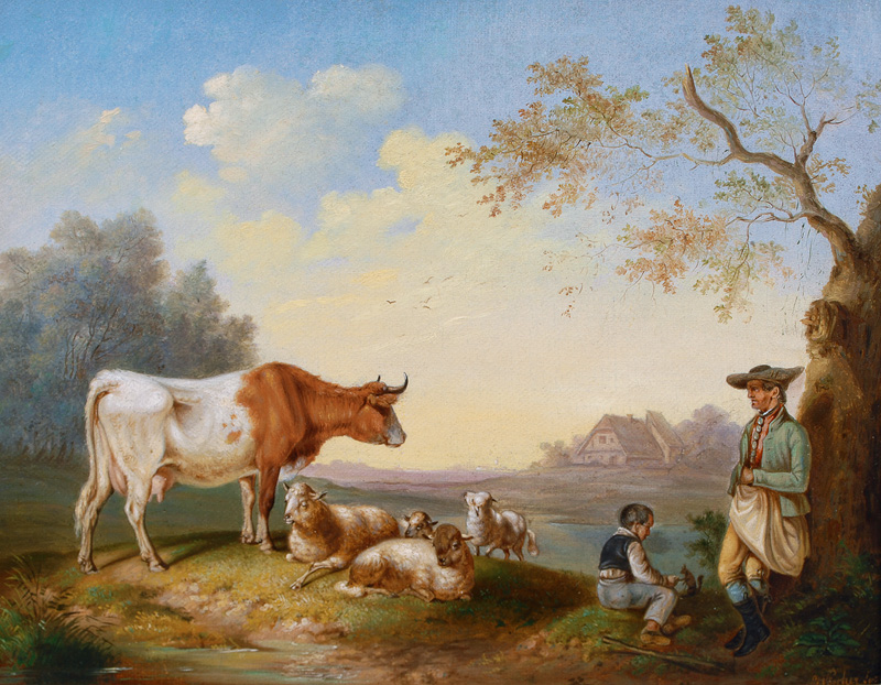 Hirten mit ihrem Vieh an einem Fluss