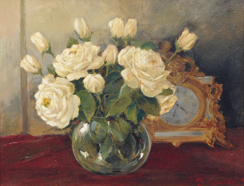 White Roses in a bellied Vase