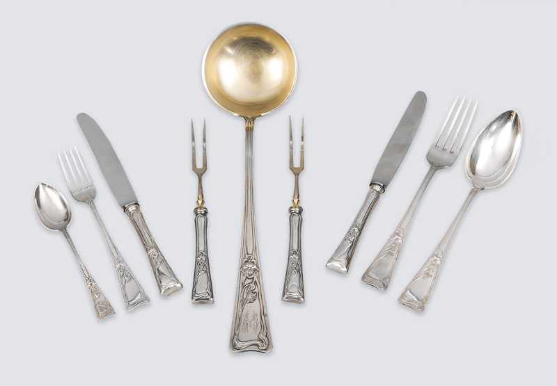 An Art Nouveau cutlery with stylized blossom for 5-6 persons