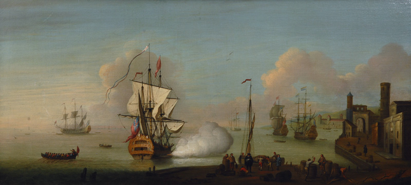 Englische und Holländische Schiffe in einem mediterranen Hafen