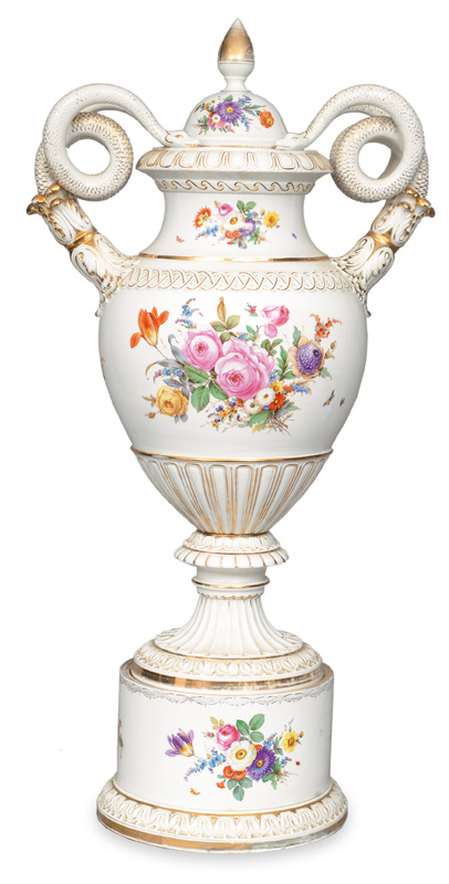 A huge double snake handle vase with flower painting