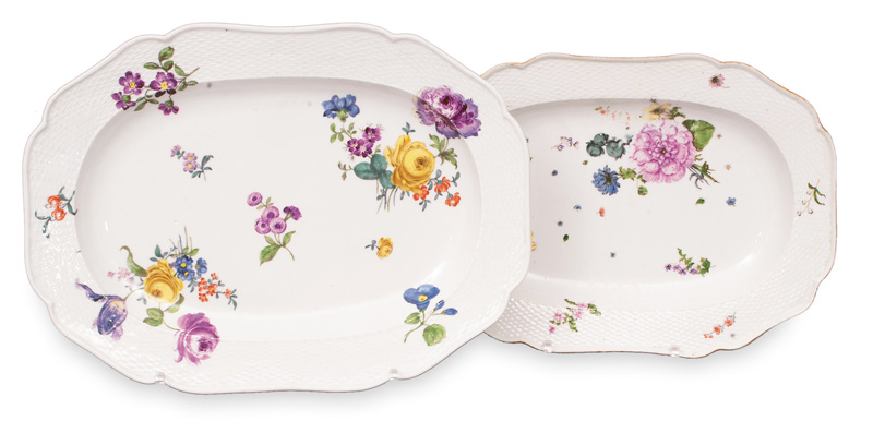 A pair of differend long platter with flower painting and Basket relief