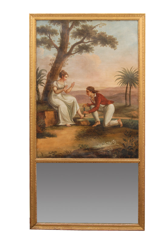 A large trumeau mirror with figurative scenes