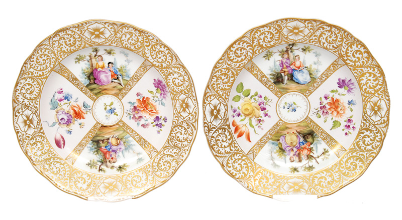 A pair of plates with Watteau scenes A pair of plates with Watteau scenes