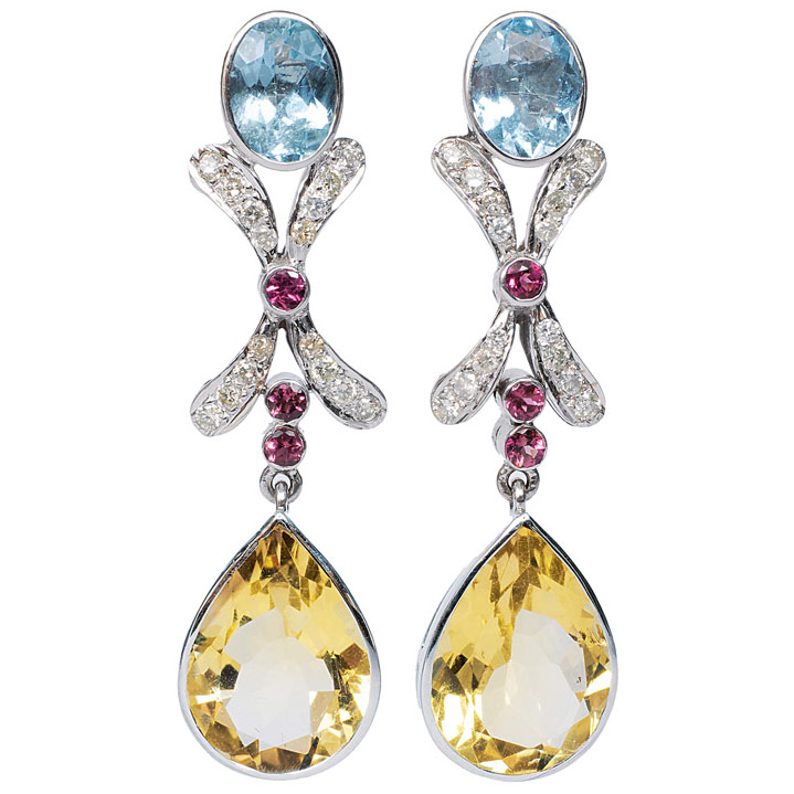 A pair of lemon topaz aquamarine earpendants A pair of lemon topaz aquamarine earpendants