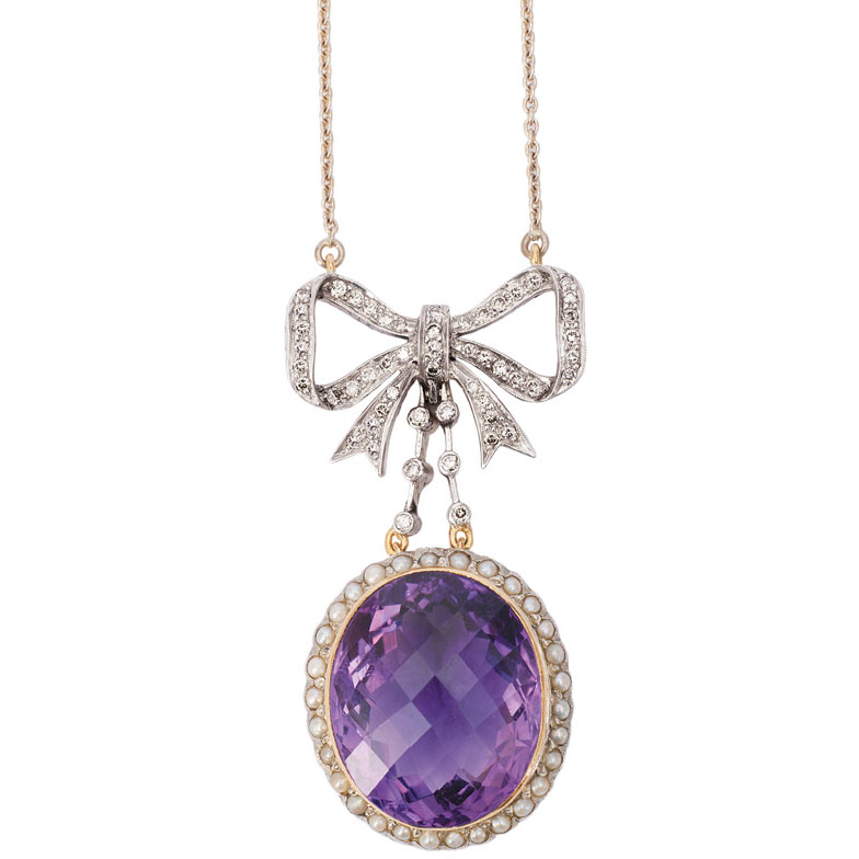 An Art Nouveau amethyst diamond pendant with necklace