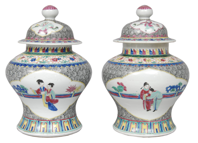 A pair of vases with cover and figural scenes