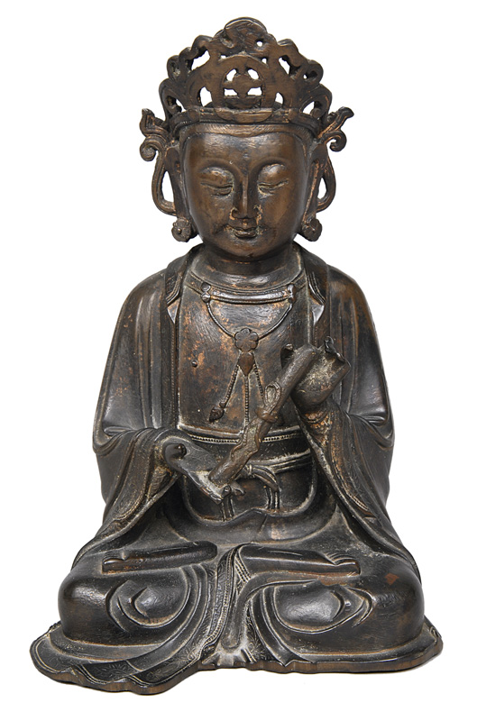 A sitting bronze Bodhisattva with scroll