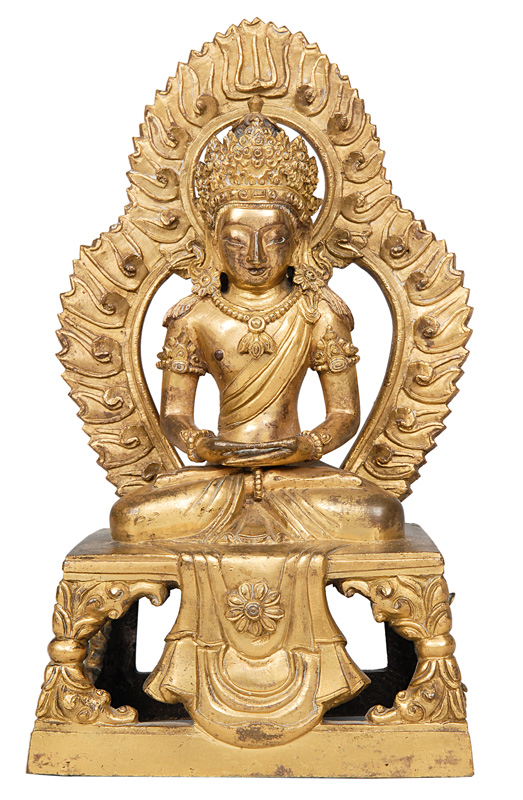 Bronze-Buddha Amithayus mit Mandorla