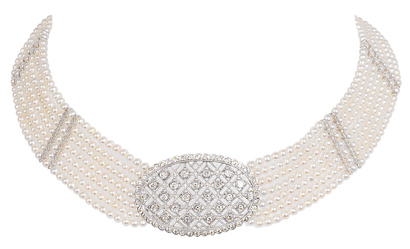 A pearl necklace with diamonds