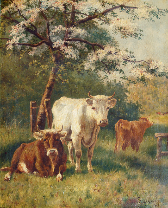 Rastende Kühe unter blühendem Baum