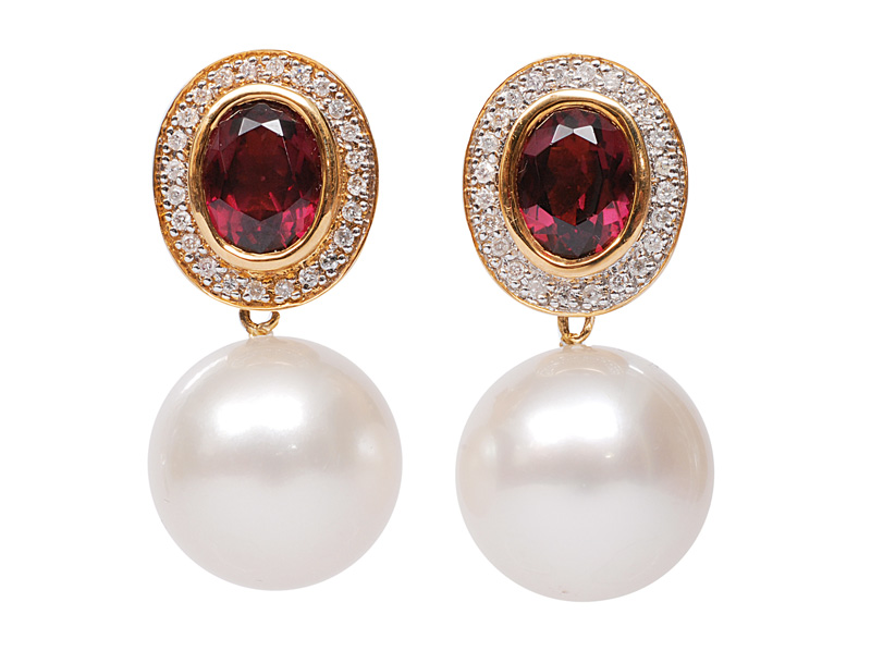 A pair of Southsea pearl earpendants with rhodolit-diamond top