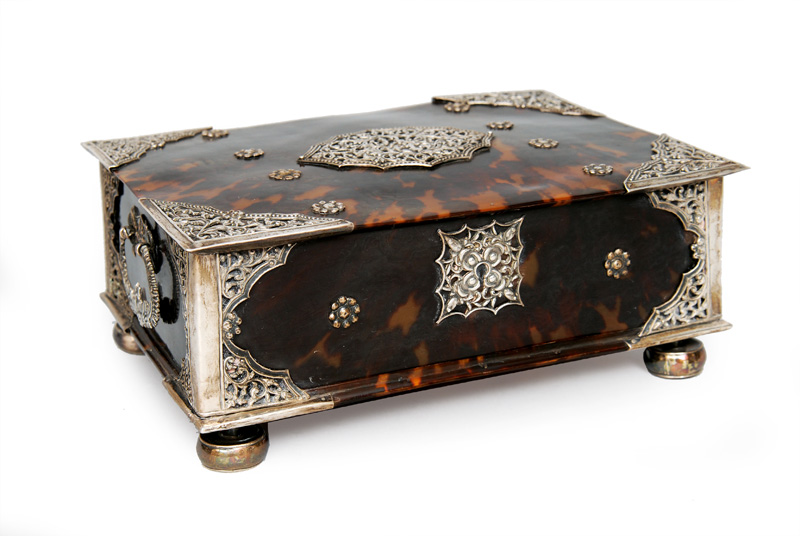A rare tortoiseshell casket with floral silver decoration