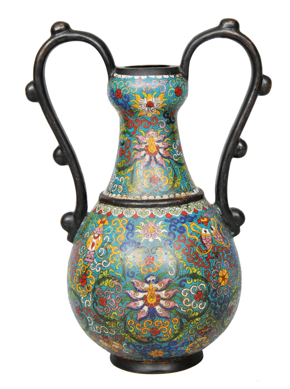 A double handle cloisonné vase with buddhistic symboles