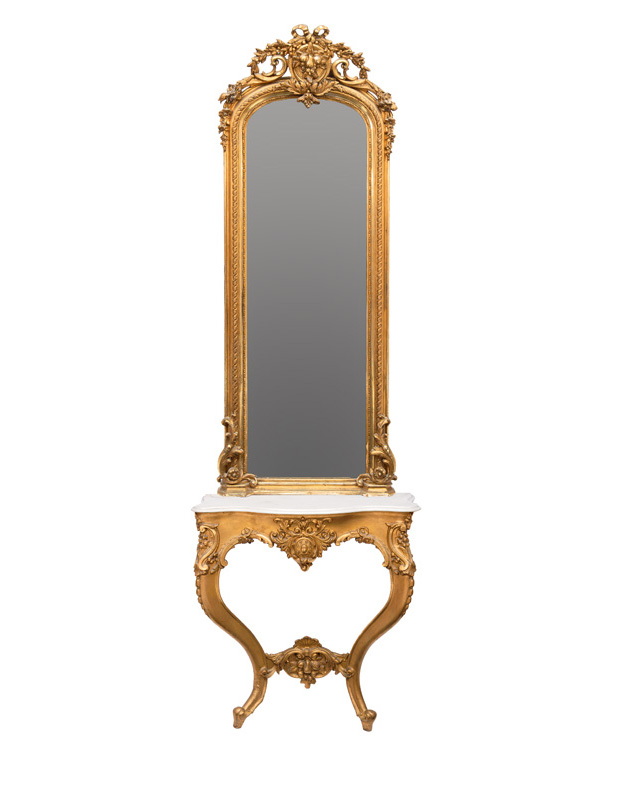 Vergoldete Louis-Philippe-Konsole mit großem Spiegel