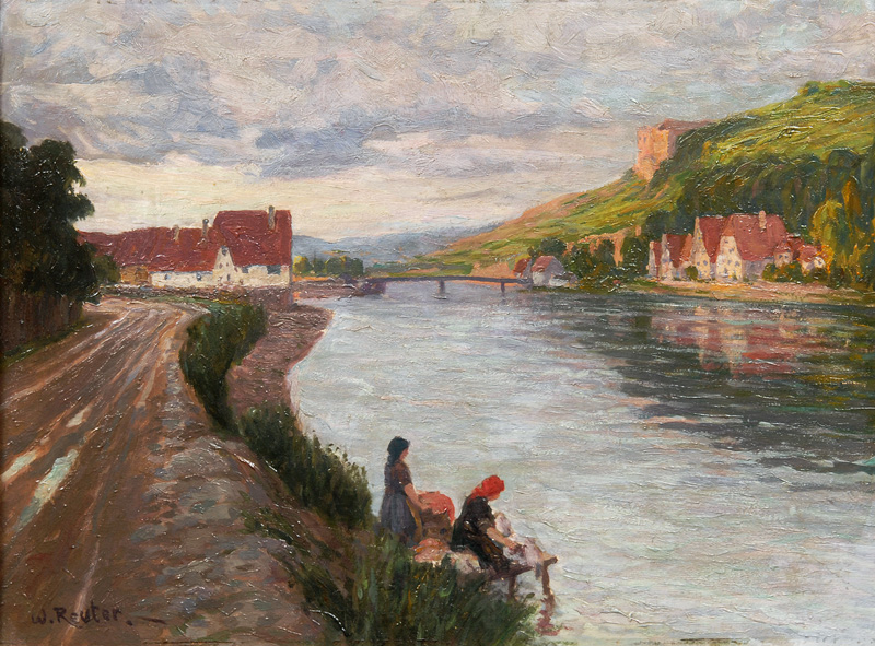 Idyllic River Landscape with Washerwomen