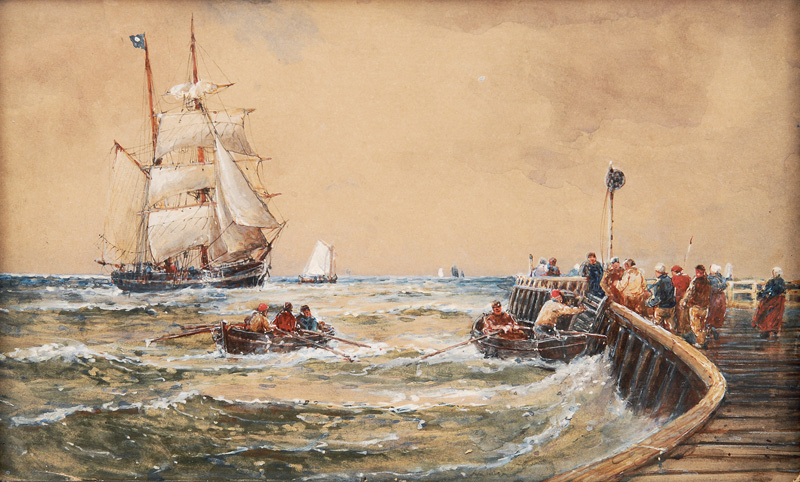 Paar Gegenstücke: Einlaufender Großsegler und Dampfschlepper mit Segelschiff