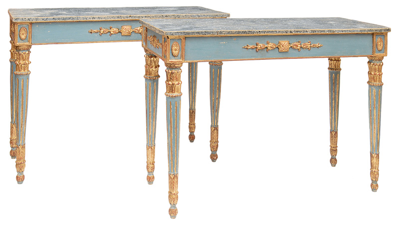 A pair of coloured console tables