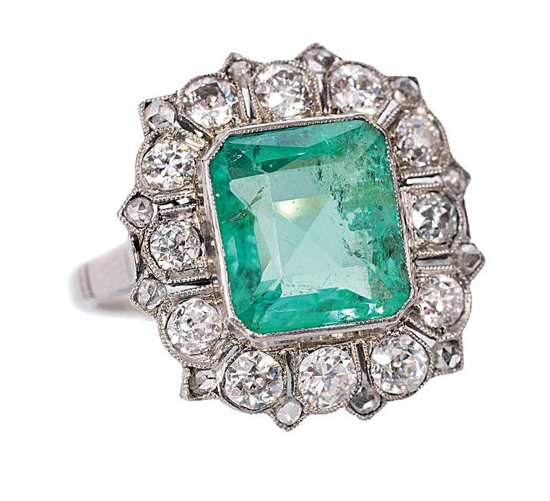 Art-déco Smaragd-Brillant-Ring