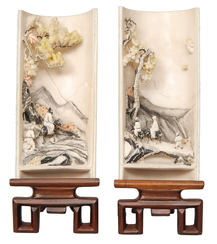 A pair of miniature mountain landscapes A pair of miniature mountain landscapes