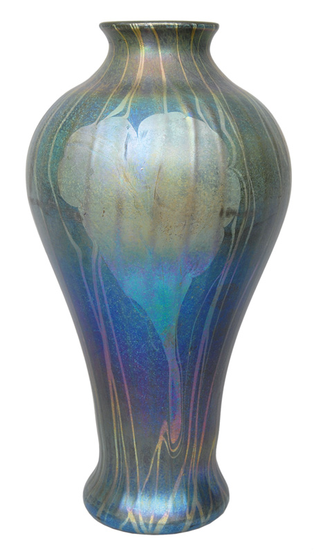 A big, bluegreen iridescent vase
