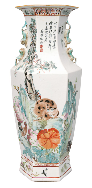A large hexagonal vase with animal painting