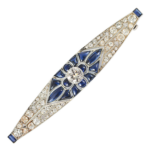 An Art-déco brooch with sapphires and diamonds