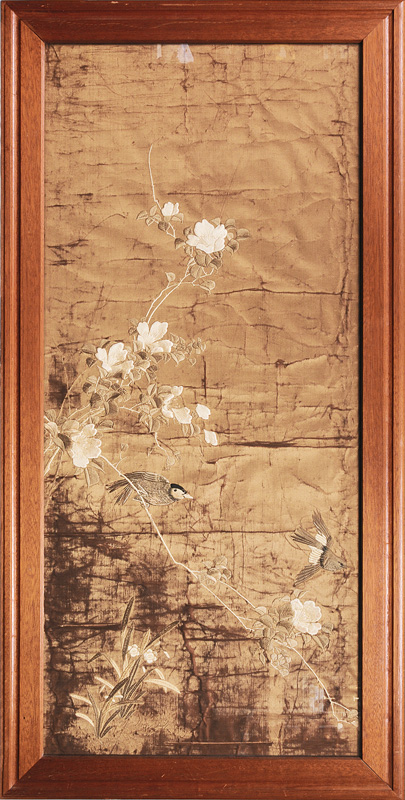 A silk embroidery with flowers and birds