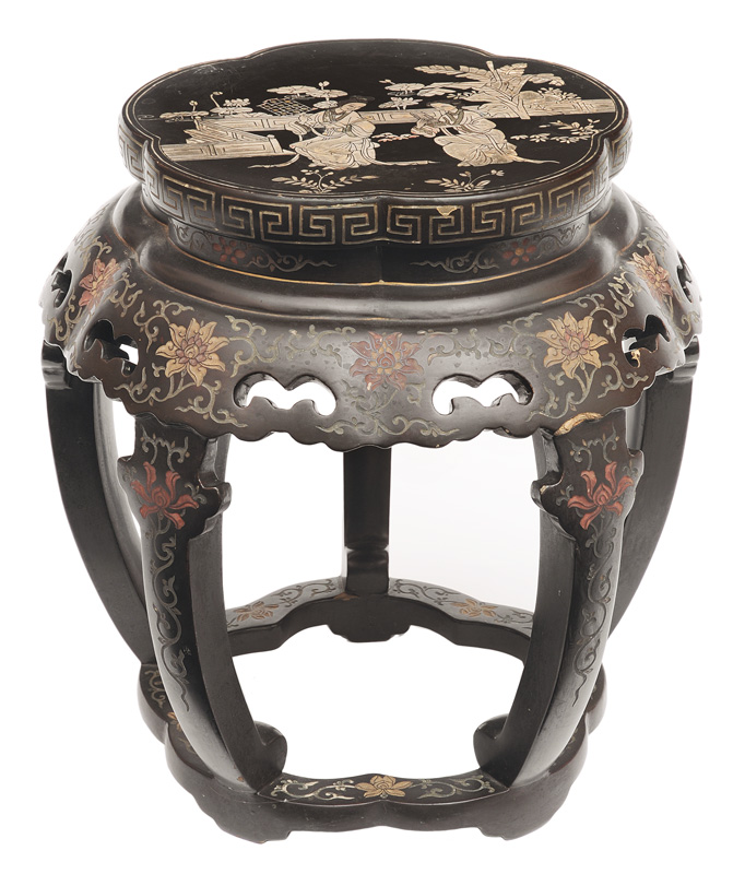 A lacquer stool with garden scene