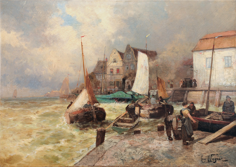 Carl Wagner - The Paddle Steamer Hamburg in a small Harbour The Paddle Steamer Hamburg in a small Harbour