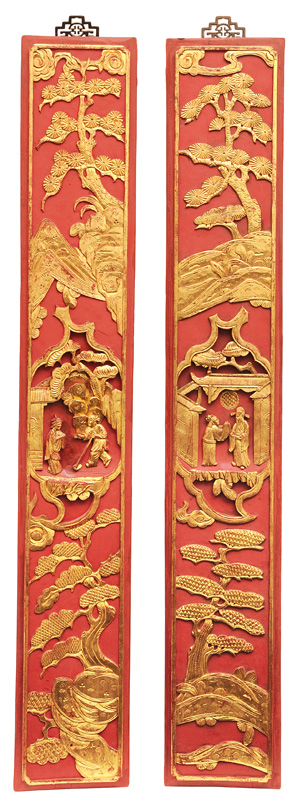 A pair of wall panels with genre scenes