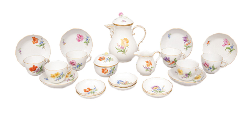 A mocha service with flower painting for 6 persons A mocha service with flower painting for 6 persons
