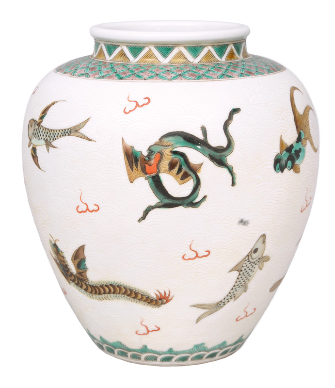 Seltene Schultertopf-Vase mit außergewöhnlichem Fisch-Dekor