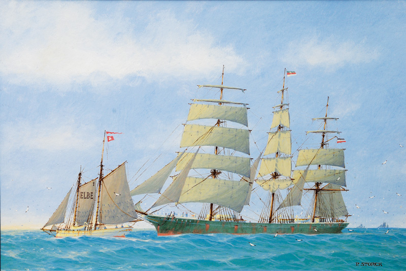 Die Erik Rickmers vor der Elbe mit dem Lotsenschoner No. 1