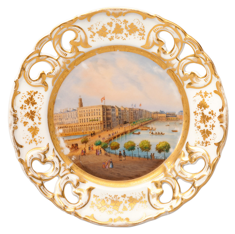 A plate with a view of the Jungfernstieg