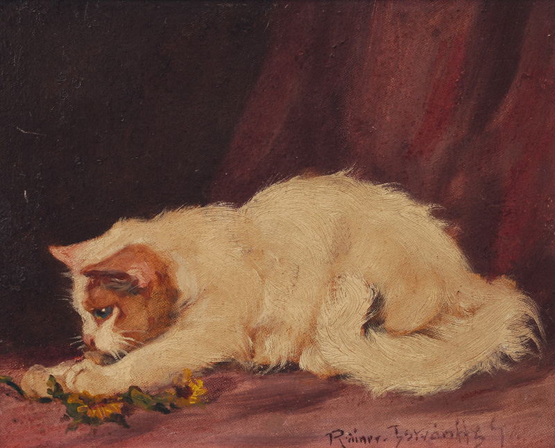 Gabriella Rainer-Istvánffy - Cat playing with Flowers Cat playing with Flowers