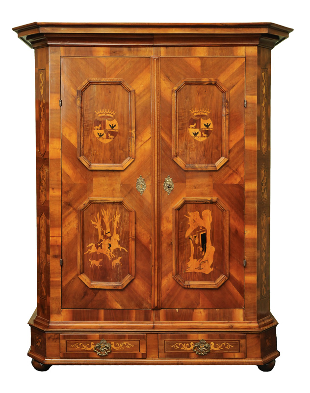 A Baroque cabinet with inlays of coat of arms and figures