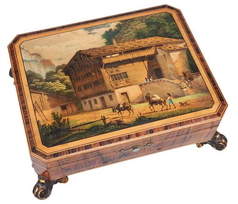 - Biedermeier-Schatulle mit Spieluhr und umfangreichem Necessaire de couture Biedermeier-Schatulle mit Spieluhr und umfangreichem Necessaire de couture