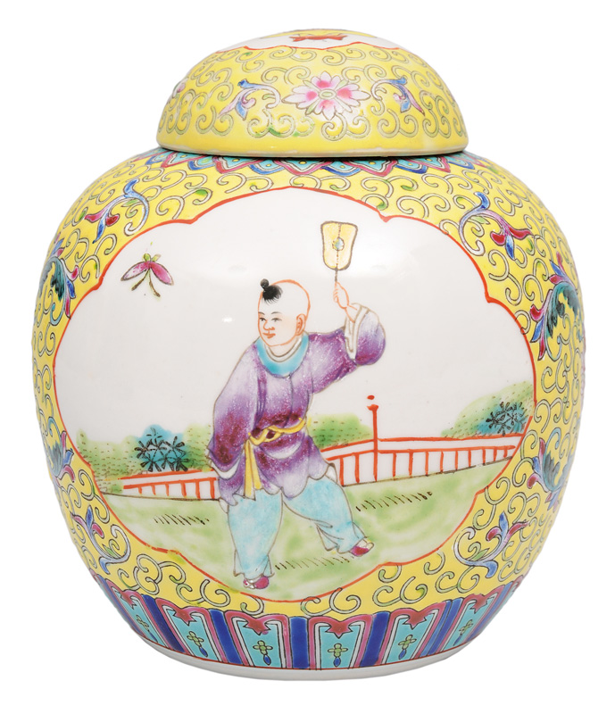 A ginger pot with garden scenes