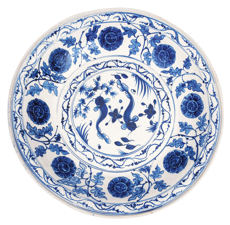 A large bowl with peonies and fishes A large bowl with peonies and fishes
