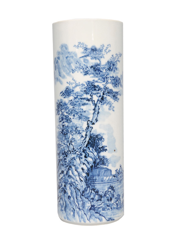 A cylindrical vase with fisherman
