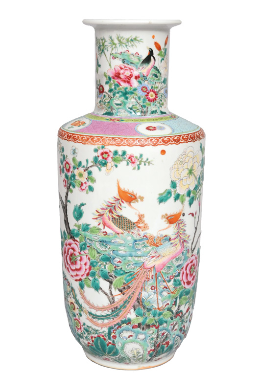A tall Famille-Rose vase with phoenix decoration